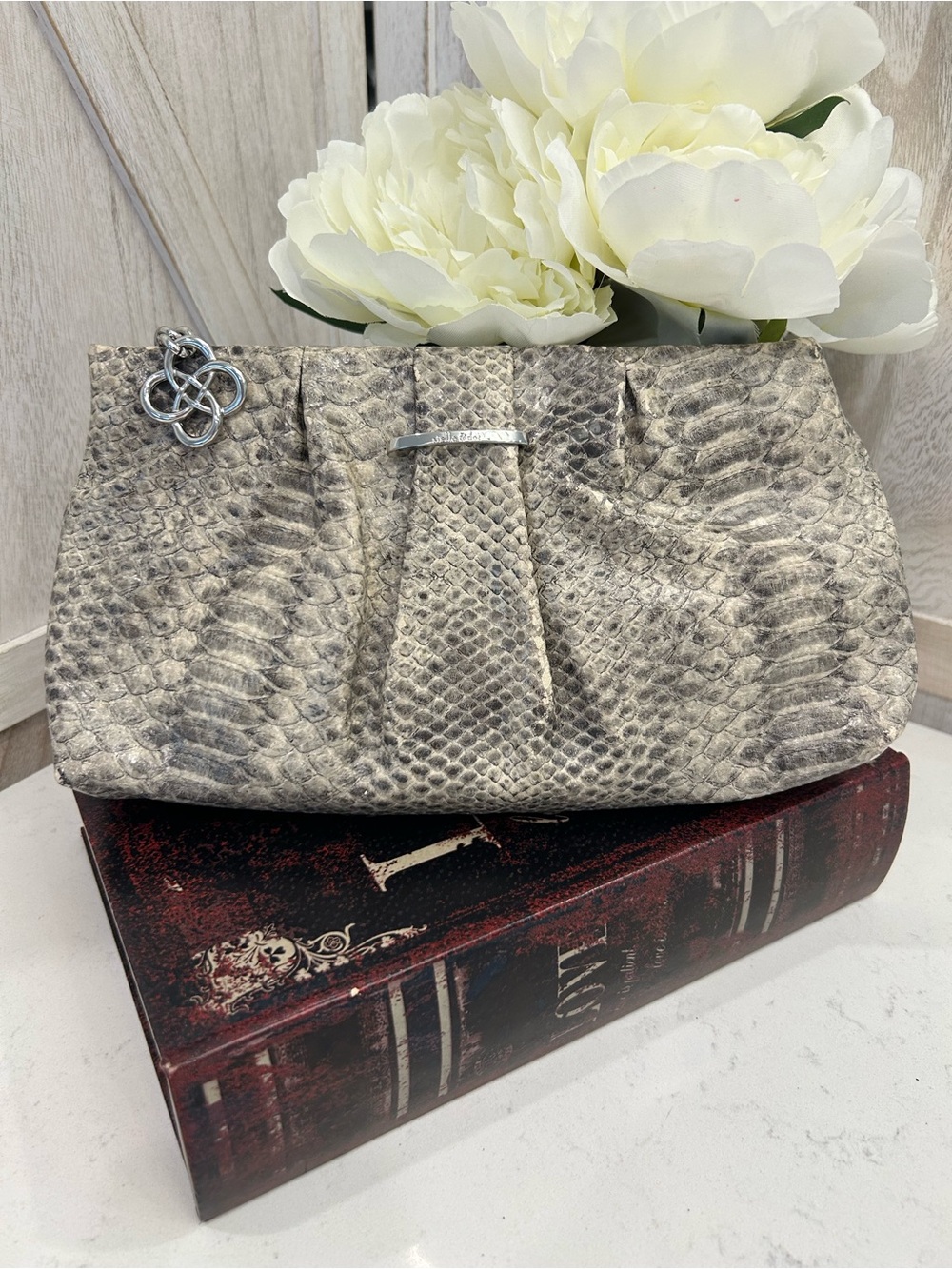 Stella & Dot Cream Python-Texture Clutch with Silver Accent